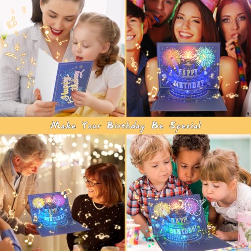 MZD8391 UPGRADED 3D Pop Up Firework Birthday Cards, Musical & LED Lights Birthday Cards with Blowable Birthday Cake, Greeting Cards, Birthday Gifts for Mom Women Men Kids Child Dad Father Wife (Blue)