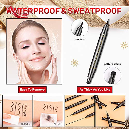 Erinde 6PCS Double-headed Eyeliner Stamp Pen Set, Black Stencil, Winged Eyeliner Tattoo Tool, Star Moon Heart Eye Makeup