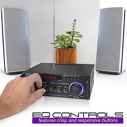 Pyle Stereo Power Amplifier 200 W Peak w/ Bluetooth Wireless, LED Display, Dual Channel Audio Stereo Receiver w/ RCA, USB, SD, MIC in, FM Radio, Perfect For Home Computer via RCA, PDA29BU.5