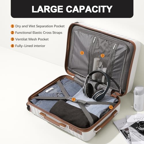 FIGESTIN Checked Luggage 24 inch, 100% PC Large Suitcase with Wheels, Hardside Suitcase TSA Approved Medium Hard Case Travel Luggage (Beige)