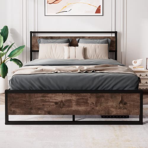 Keureedg Bed Frame with Wooden Headboard, Heavy Duty Metal Platform Bed Frame, Sturdy Metal Slats Support, Non-Slip Without Noise, No Box Spring Needed, Queen/King(Queen)