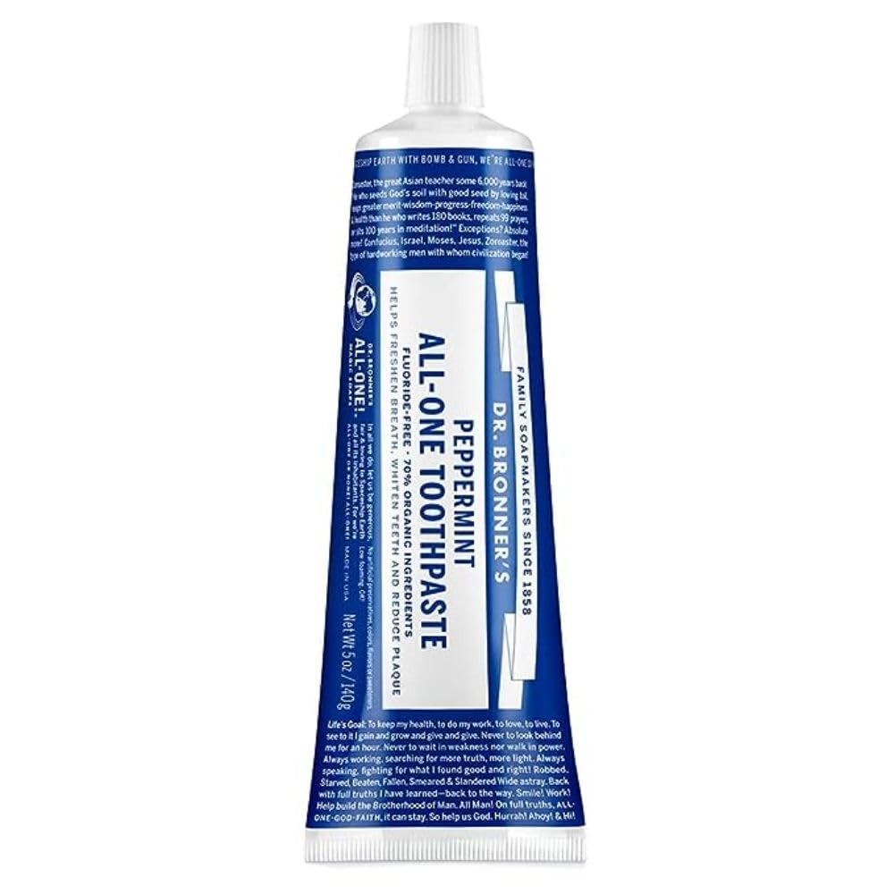 Dr. Bronner’s - All-One Toothpaste (Peppermint, 5 Ounce, 3-Pack) - 70% Organic Ingredients, Natural and Effective, Fluoride-Free, SLS-Free, Helps Freshen Breath, Reduce Plaque, Whiten Teeth, Vegan