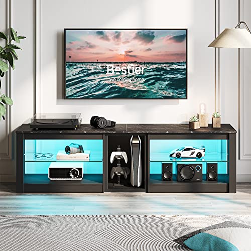 Bestier TV Stand for 70 inch TV, Gaming Entertainment Center for PS5, LED TV Cabinet with Glass Shelves for Living Room, 63'' Inch, Black Marble