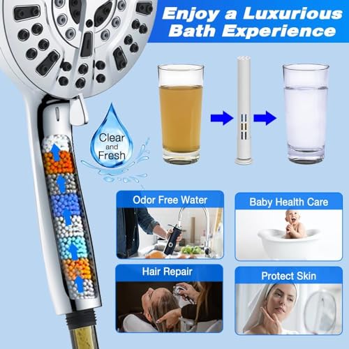 10 Inch Square Shower Head Rain Shower Head with Handheld Dual Filter for Hard Water 10 Setting Handheld Showerhead Built-in 2 Power Wash with 12" Extension Arm & Extra Cartridges
