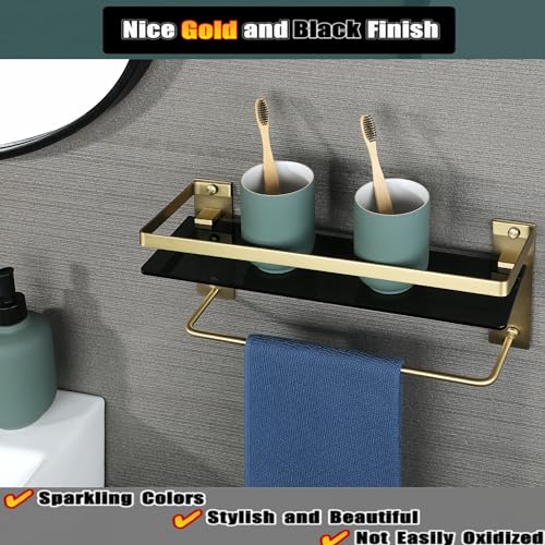 Alise Bathroom Shelves Glass Shelf with Bar,Wall Mount Floating Shelves for Bathroom,1 Tier Tempered Glass Holder Storage Organizer,SUS304 Stainless Steel Gold and Black GDL2001-GB