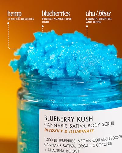 Truly Beauty Blueberry Kush Body Scrub with Hydroxy Acids and Vegan Collagen - Detoxifying Sugar Scrub for Women - Exfoliating Body Scrub for Flawless and Luminous Skin - 6 oz