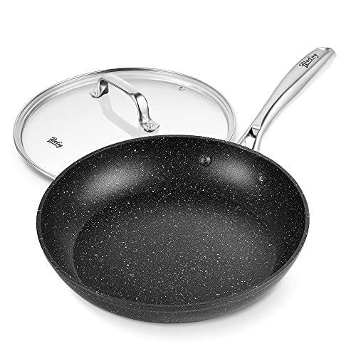 HLAFRG 10 Inch Nonstick Frying Pan with Lid,Black Marble Cookware, Stone-Derived Coating, Non Toxic APEO & PFOA Free, with Heat-Resistant Handle,Oven Safe and Suitable for All Stove