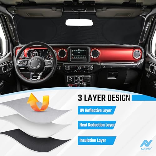 Autovir Jeep Windshield Sunshade | Protects Sun Visor from UV and Heat Protection | Fits for Wrangler, Gladiator, and Rubicon Models | Keeps Your Car Cool and Comfort | X-Small (60" x 21")