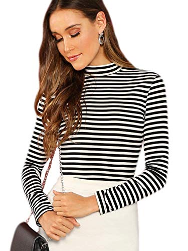 Floerns Women's Mock Turtleneck Long Sleeve Slim Fit Stretch Striped T-Shirts Tunic Tops Fall Fashion Trendy Outfits Clothes Multi Striped S