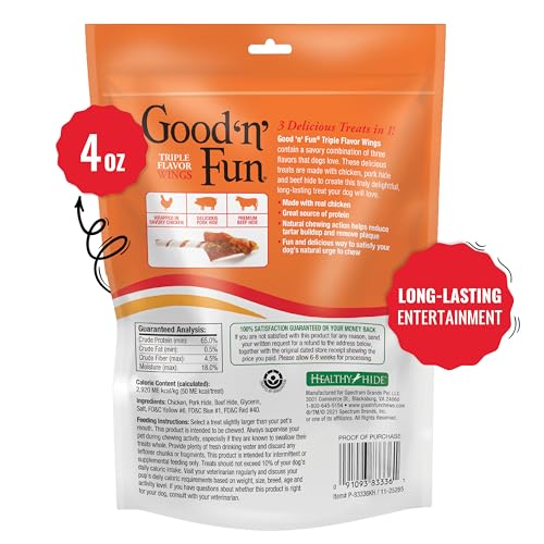 Good ‘n’ Fun Triple Flavor Wings Chews for All Dogs, Treat Your Dog to Long-Lasting Chews Made with Chicken, Pork Hide and Beef Hide, 4 Ounces