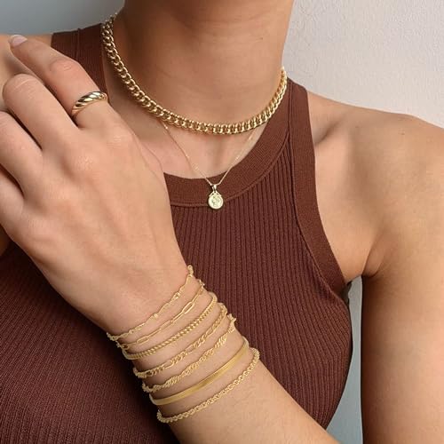 Reoxvo Gold Bracelets for Women,Dainty 14K Gold Plated Brass Chain Link Bracelet Set for Women Trendy Stack Bracelets Jewelry for Women