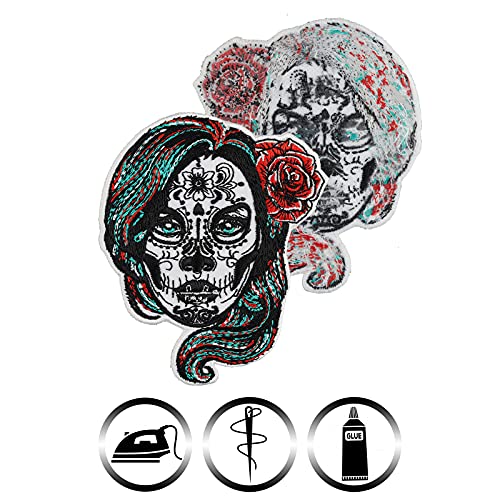 MEXICAN SKULL Sew on patch - La Calavera Catrina Iron on Patches for Mexicans, Bikers, Rockers - dia de los muertos Tattoo Embroidery Patch for Jackets, Jeans, Backpacks, Hats - 2.16x3.54 in