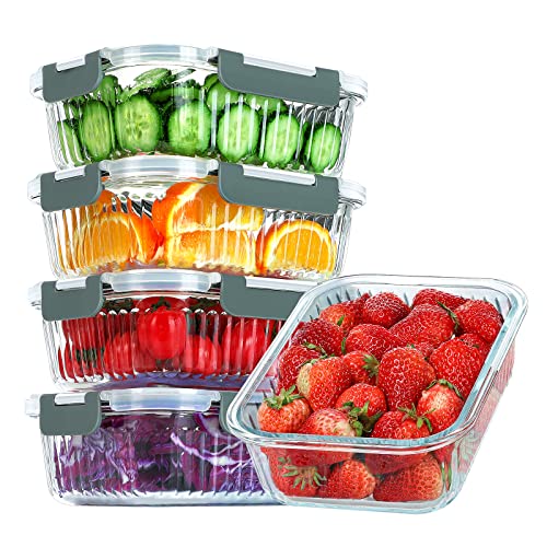 KOMUEE 5 Packs 36 oz Glass Food Storage Containers, Glass Meal Prep Containers with Lids, Airtight Glass Lunch Bento Boxes, Microwave, Freezer and Dishwasher Friendly