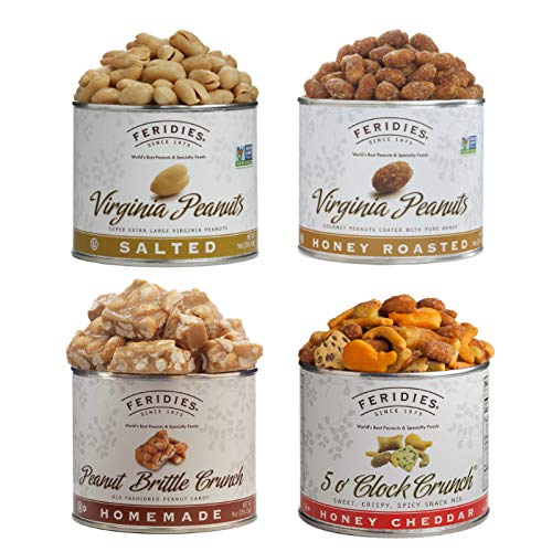 FERIDIES Assorted Snack Nut Gift Pack (Salted Virginia Peanuts, Honey Roasted Virginia Peanuts, Peanut Brittle Crunch and 5 O'Clock Crunch) - 36 ounces total