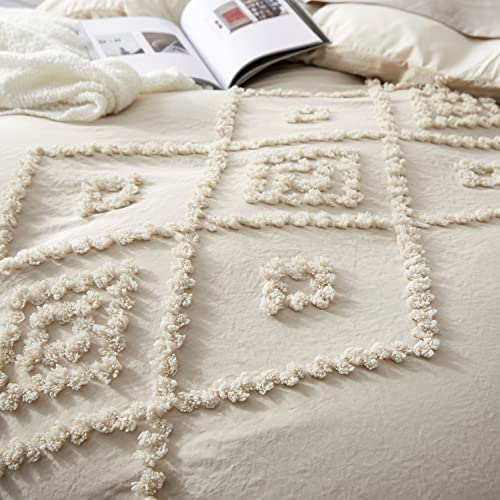 Oli Anderson Tufted Duvet Cover Twin Size, Soft and Lightweight Duvet Covers Set for All Seasons, 2 Pieces Boho Embroidery Shabby Chic Bedding Set (Beige, Twin, 68" x 90")