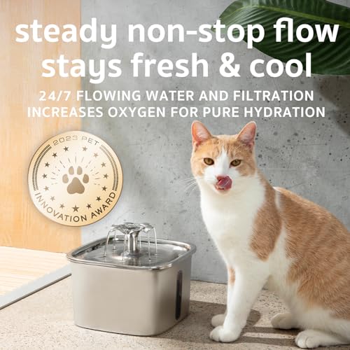 Veken Innovation Award Winner Stainless Steel Cat Water Fountain, 95oz/2.8L Automatic Pet Fountain Dog Water Dispenser with Replacement Filters & Silicone Mat for Cats, Dogs, Multiple Pets (Silver)