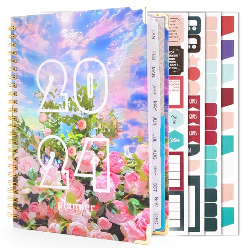 2024 Planner, 12-Month Weekly Monthly Planner from JAN.2024 to DEC.2024, 8.5" X 6.4", 2024-2025 Hardcover Planner Notebook with Spiral Bound, Stickers & Sticky Index Tabs (A Flower)