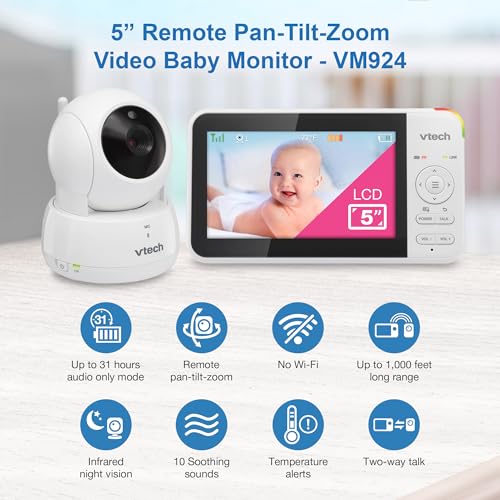 VTech VM924 5" Screen Remote Pan-Tilt-Zoom Baby Monitor with Camera&Audio,Up to 31Hrs Battery for Audio&17Hrs Video Streaming, Long Range Up to 1000ft,Night Vision,Soothing Sound,Temperature Sensor