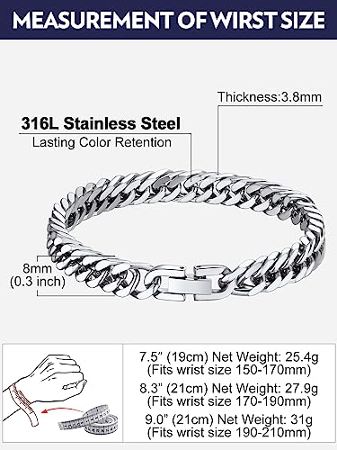 Bandmax Mens Stainless Steel 8MM Chunky Cuban Chain Bracelets for Women Hip Hop Punk Style -7.48"