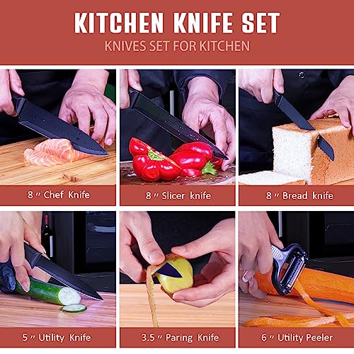 RAXCO 10-in-1 Knife Set -5 Kitchen Knifes,5 Kitchen Gadgets.Perfect for small kitchen,cuchillos para cocina(Black)