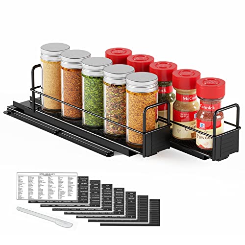 SpaceAid Pull Out Spice Rack Organizer for Cabinet, Heavy Duty Slide Out Seasoning Kitchen Organizer, Cabinet Organizer, with Labels, 5.2" W x10.8 D x4 H, 2 Drawers 1-Tier