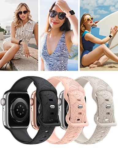 3 Packs Sunflower Engraved Bands Compatible with Apple Watch Bands 41mm 40mm 38mm Women Girls, Floral Lace Fancy Fashion Stretchy Sport Silicone Flower Straps for iWatch Series 9/SE/8/7/6/5/4/3/2/1