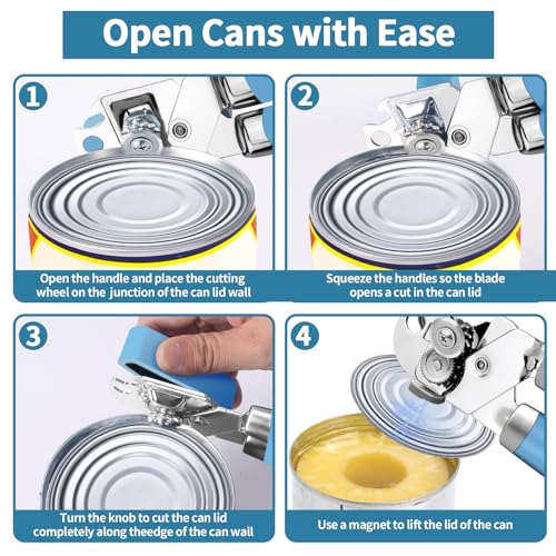 Can Opener Manual & Jar Opener set，Manual Can Opener with Magnet ，Heavy Duty can opener manual smooth edge.(2, Blue+Grey blue)