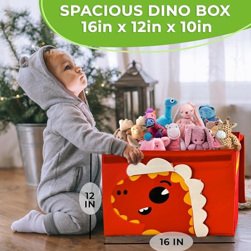 QUOKKA Toy Storage Box for Boys and Girls - 16x12x10 In Dino Toy Chest Organizer for Kids - | Collapsible | Handles | Flip-Top Lids | - Fabric Foldable Bin for Playroom - Nursery Room Organization