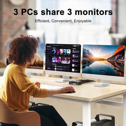 KVM Switch 3 Monitors 3 Computers 8K@60Hz 4K@144Hz, Camgeet HDMI+2 Displayport KVM Switch Triple Monitor for 3 Computer Share 3 Monitor and 4 USB3.0 Devices,Wired Remote and 12V power adapter Included