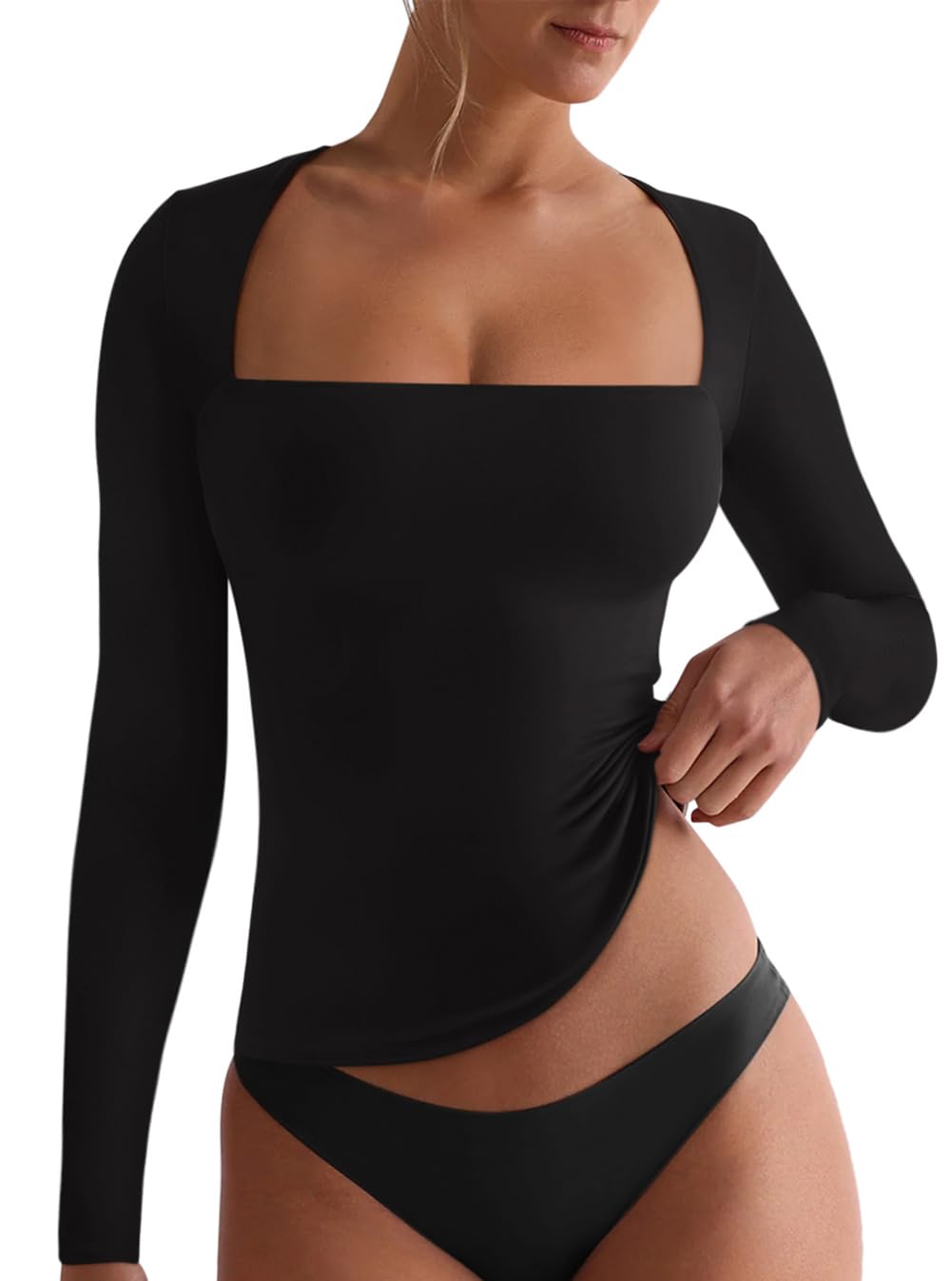 REORIA Sexy Square Neck Tops for Women Fall Baisc Clothes 2024 Long Sleeve Shirts Double Lined Tight Fitted Full Length T Shirts Black Large