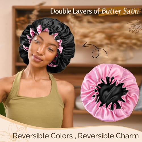 YANIBEST Silk Satin Bonnet for Sleeping Double Layer Adjustable Bonnet for Women Curly Natural Hair,Black