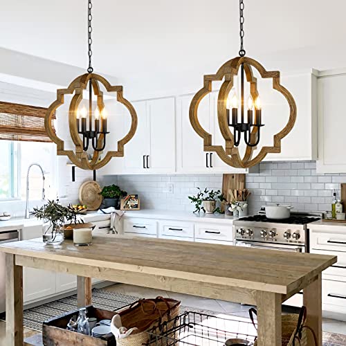 21.6'' Farmhouse Wood Chandelier, 4-Light Rustic Dining Room Light Fixture, Orb Chandelier Light Adjustable Hanging Chain,Black Chandelier for Kitchen Island Foyer Over Dining Table, Bulb Not Included