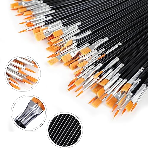 AROIC Small Paint Brushes Bulk,110 Pcs Nylon Hair Paint Brushes with Flat and Round Pointed Acrylic Paint Brushes Set,Craft Paint Brushes for Oil Watercolor Face Artist and Kids Painting Kits,Black