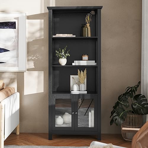Flash Furniture Stella Modern Farmhouse Wooden Bookcase and Storage Cabinet with Tempered Glass Doors and 3 Upper Shelves, Set of 1, Black