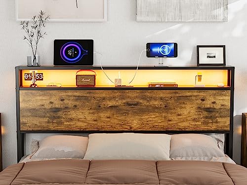 IKIFLY Full Size Storage Headboard with LED Lights & Charging Station - Industrial Metal and Wood Full Headboard Only for Bedroom, Attach Frame, Easy Assembly - Rustic Brown