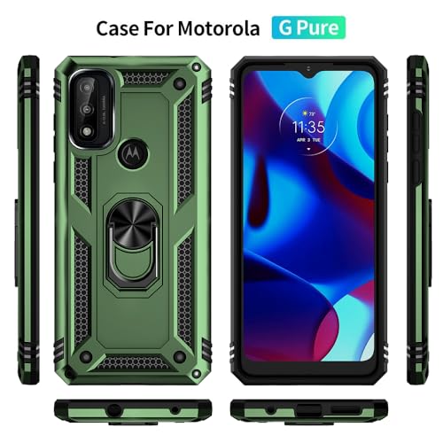 for Moto G Play 2023 Case: Moto G Pure Case, Moto G Power 2022 Case with HD Screen Protector, [Military Grade 16ft. Drop Tested] Ring Shockproof Protective Phone Case for Motorola G Pure, ArmyGreen