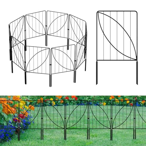 UIRWAY 10 Panels Garden Fences and Borders, Total 10.8ft(L) x 24in(H) Decorative Garden Fence with Leaf Pattern, Rustproof Metal Rabbit Fence for Garden, Small Garden Edging Fence for Outdoor