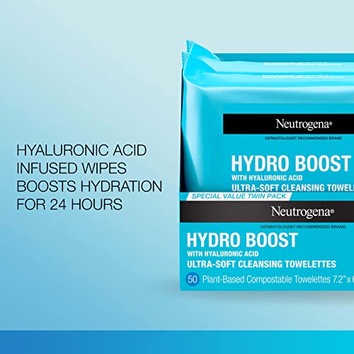 Neutrogena Hydro Boost Facial Cleansing Towelettes + Hyaluronic Acid, Hydrating Makeup Remover Face Wipes Remove Dirt & Waterproof Makeup, Hypoallergenic, 100% Plant-Based Cloth, 2 x 25 ct