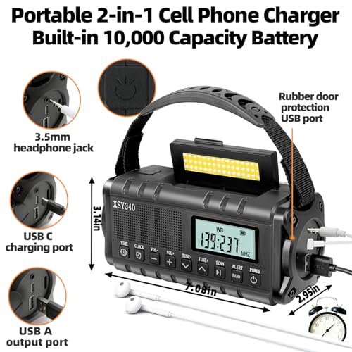 Emergency Crank Weather AM/FM Radio with 2 Solar Panels 5 Charging Modes NOAA Weather Scan 3 Modes Flashlight Cell Phone Charger SOS Alarms for Home Outdoor (Gray)