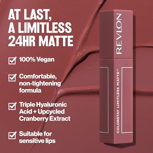 REVLON Lipstick, ColorStay Limitless Matte Liquid Lipstick, Vegan Formula, No-Budge Matte, Longwear Lipstick, Long Lasting, Lightweight/Comfortable, Waterproof, 007 Icon Era, 0.17 fl oz