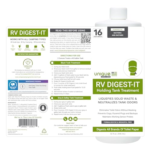 Unique RV Digest-It Black Water Tank Treatment - Concentrated Liquid RV Toilet Treatment - Eliminates Odor, Liquifies Waste, Prevents Sensor Misreading, CA Approved (32 oz.)