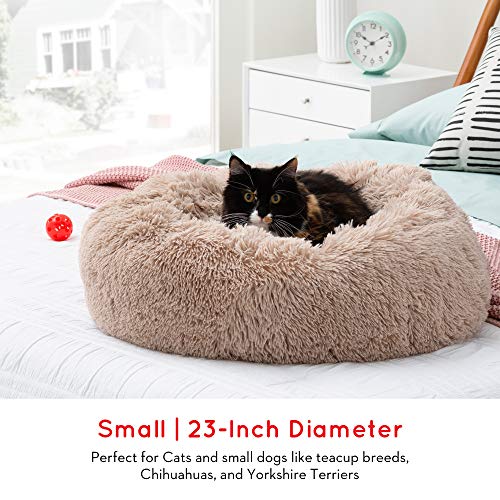 Brindle Donut Cuddler Pet Bed - Calming Anti-Anxiety Dog and Cat Bed - Plush Cozy and Washable Bed - Ergonomic Support, Small, Taupe