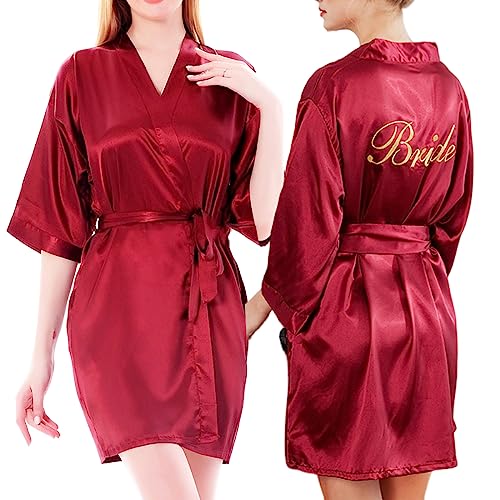 LuckyMoon Bride Robes Women's Satin Kimono Robe for Wedding Party Short Bridal Morning Robes with V-Neck Sleepwear Summer Satin Silk Dressing Gown for Women(Red-M)