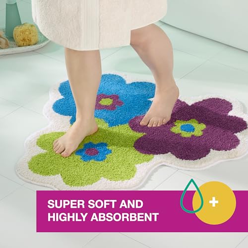 TOWN & COUNTRY PLAY Blossom Retro Daisy Flower Shaped Bath Mat, Absorbent Tufted Floor Mat, Non-Slip Backing, Machine Washable, Blue/Green/Purple, 31.5"x31.5"