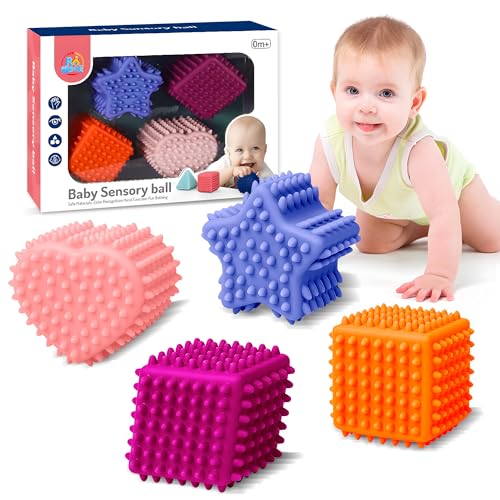 ROHSCE Soft Spiky Sensory Balls - Montessori Toys Baby Balls 6 to 12 Months Textured Geometric Shapes for Babies' Sensory Development, Sensory Balls for Toddlers 1-3 Bright Colors Bath Gifts