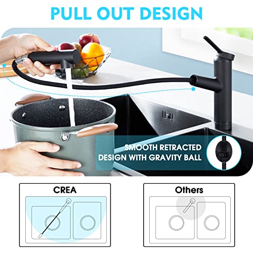 CREA Kitchen Bar faucets,Black Kitchen Sink Faucet Pull Out Sprayer Utility Small Prep Wet Bar Single Handle Hole,Commercial Modern rv Sink Low Arc Faucet Outdoor Laundry