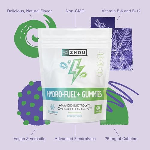 Zhou Nutrition Hydro-Fuel Plus - Electrolyte Gummies - Advanced Electrolyte Complex Plus 75 mg of Caffeine - Clean Energy Supplements - Vegan, 20 Servings, 60 Gummies