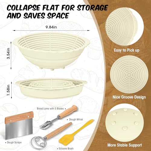 2Pack Bread Proofing Basket Banneton,Silicone Sourdough Bread Baking Baskets,9 Inch Collapsible Proofing Bowl Supplies Set Tool Kit Foldable for Bread Making Sourdough-Beige