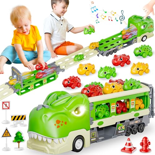 Funwee Dinosaur Truck Toys for 2 3 4 5 6 7 Year Boy Toddler, Foldable Track & 2 Player Race Mode, Light & Sound Transport Carrier W/ 6 Dino Car & 12 Accessories, Birthday Gift Idea for Kids Girls