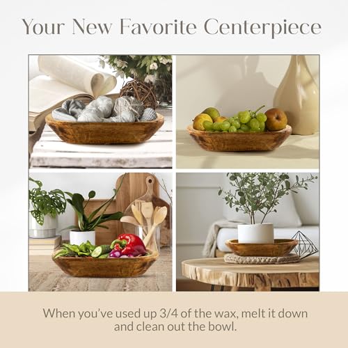 Dough Bowl Candle Co. Honeysuckle Jasmine Soy Candle - 6 Wick Rustic Farmhouse Coffee Table Decor, Odor Eliminator in Wooden Bowls, 32 Oz Wooden Dough Bowl Candle, All-Natural Gifts for Women or Men
